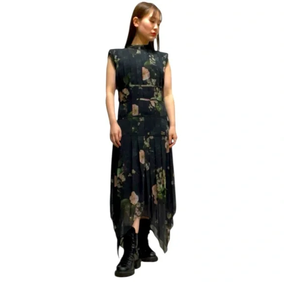 NWT’S All Saints Coco Asiago Maxi Dress Black & Pink Fishtail Grunge Floral 12 - Picture 2 of 15